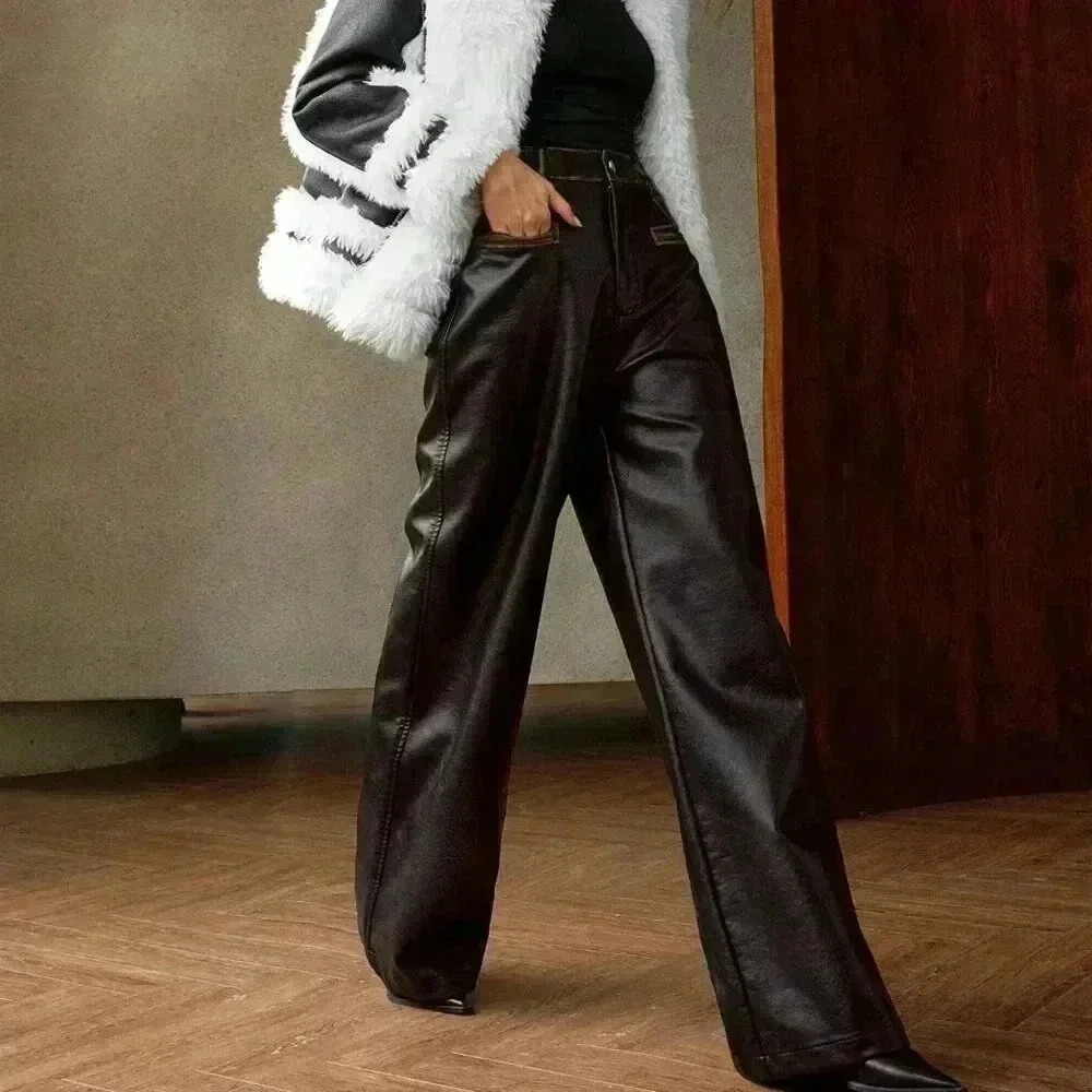 Black Elegant Women's Vintage Washed-Look Long Pants